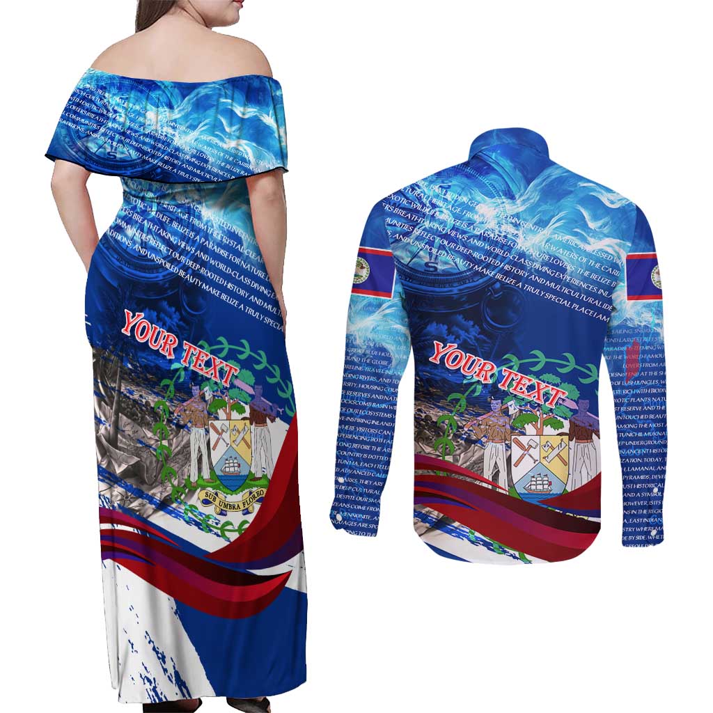 Belize One Flag One Heart Couples Matching Off Shoulder Maxi Dress and Long Sleeve Button Shirt Caribbean Heartbeat - Where Compass Meets Culture