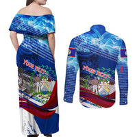 Belize One Flag One Heart Couples Matching Off Shoulder Maxi Dress and Long Sleeve Button Shirt Caribbean Heartbeat - Where Compass Meets Culture