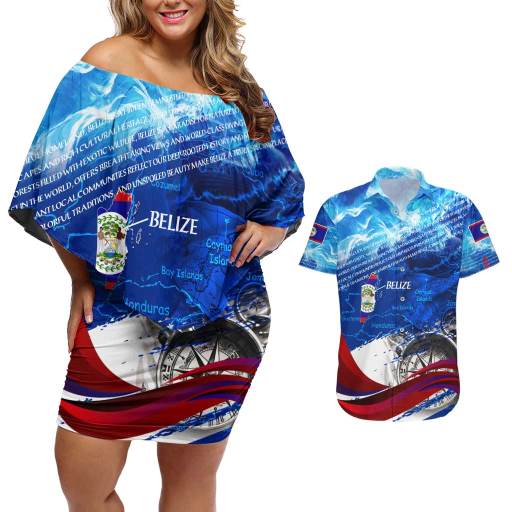 Belize One Flag One Heart Couples Matching Off Shoulder Short Dress and Hawaiian Shirt Caribbean Heartbeat - Where Compass Meets Culture