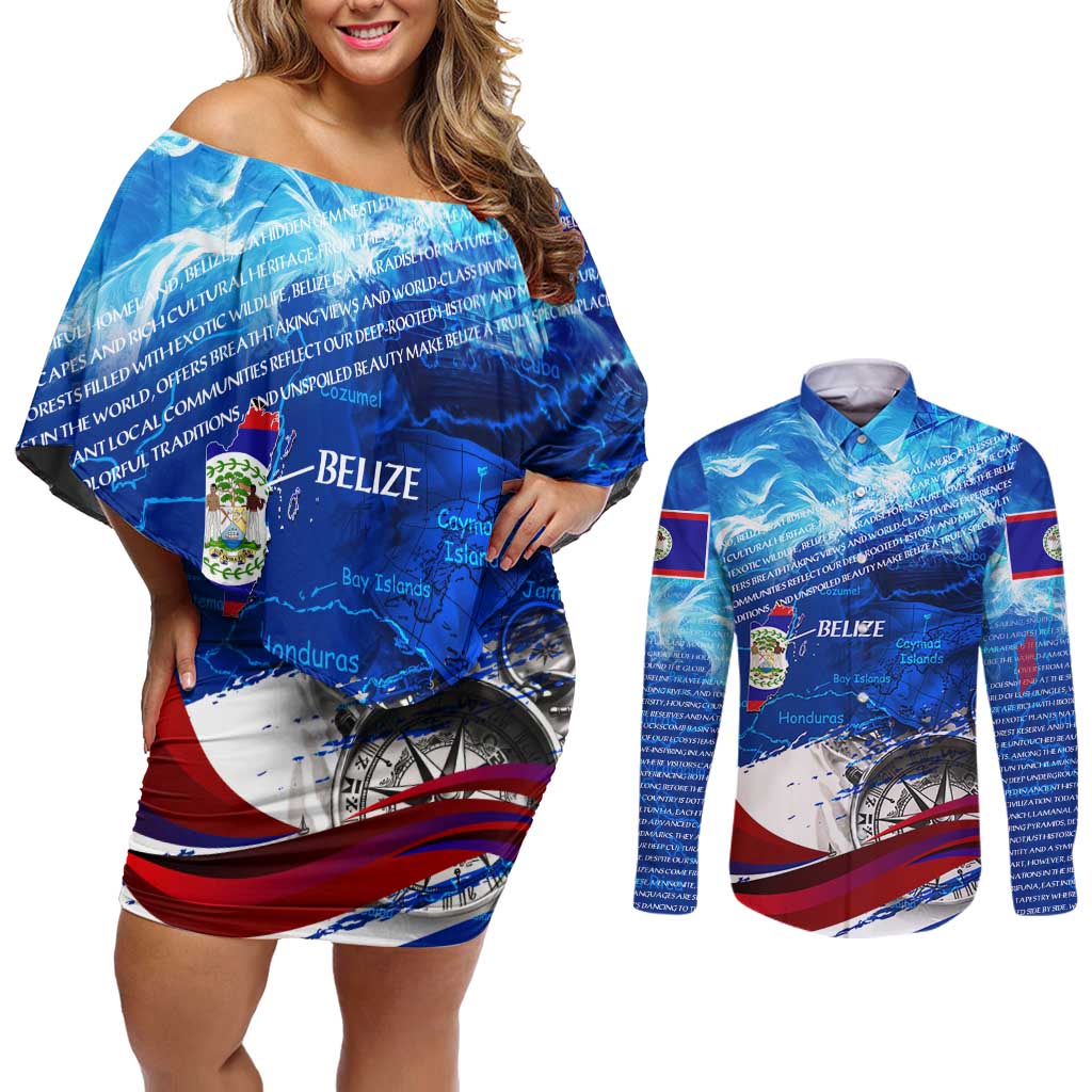 Belize One Flag One Heart Couples Matching Off Shoulder Short Dress and Long Sleeve Button Shirt Caribbean Heartbeat - Where Compass Meets Culture