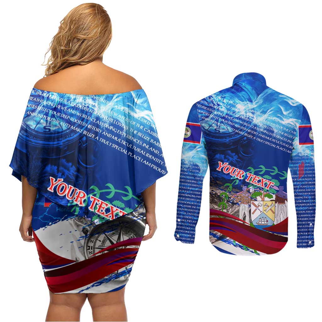 Belize One Flag One Heart Couples Matching Off Shoulder Short Dress and Long Sleeve Button Shirt Caribbean Heartbeat - Where Compass Meets Culture