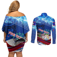 Belize One Flag One Heart Couples Matching Off Shoulder Short Dress and Long Sleeve Button Shirt Caribbean Heartbeat - Where Compass Meets Culture