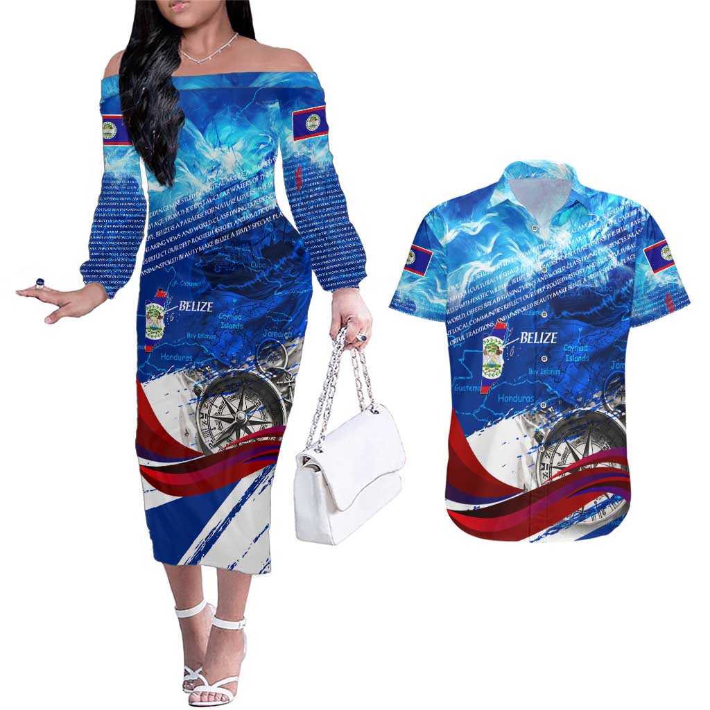 Belize One Flag One Heart Couples Matching Off The Shoulder Long Sleeve Dress and Hawaiian Shirt Caribbean Heartbeat - Where Compass Meets Culture