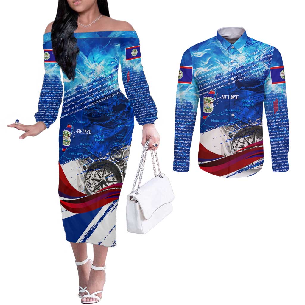Belize One Flag One Heart Couples Matching Off The Shoulder Long Sleeve Dress and Long Sleeve Button Shirt Caribbean Heartbeat - Where Compass Meets Culture