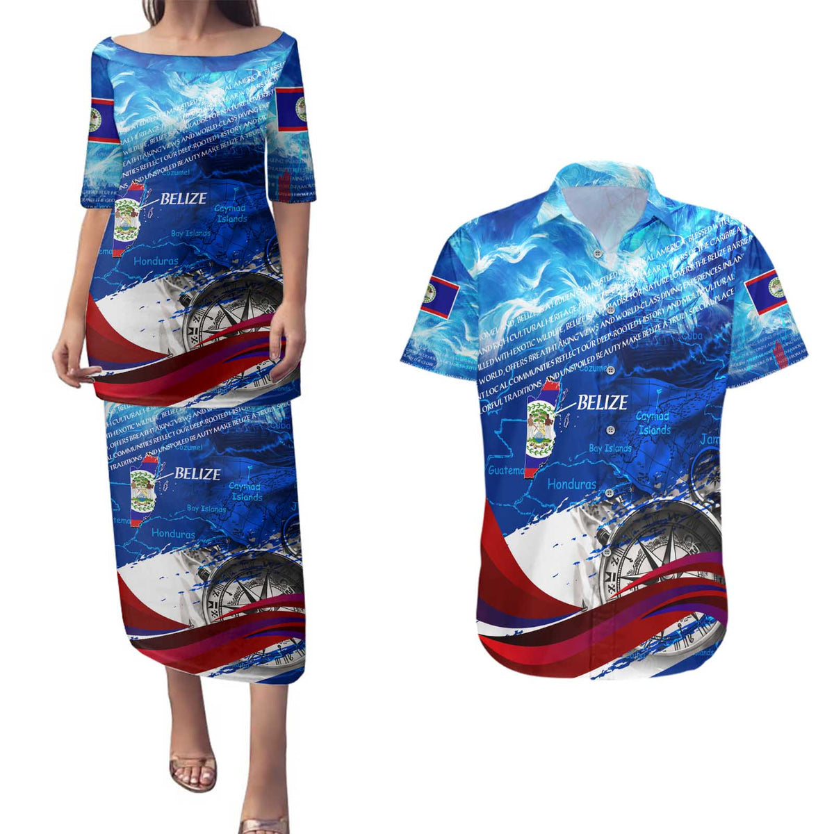 Belize One Flag One Heart Couples Matching Puletasi and Hawaiian Shirt Caribbean Heartbeat - Where Compass Meets Culture