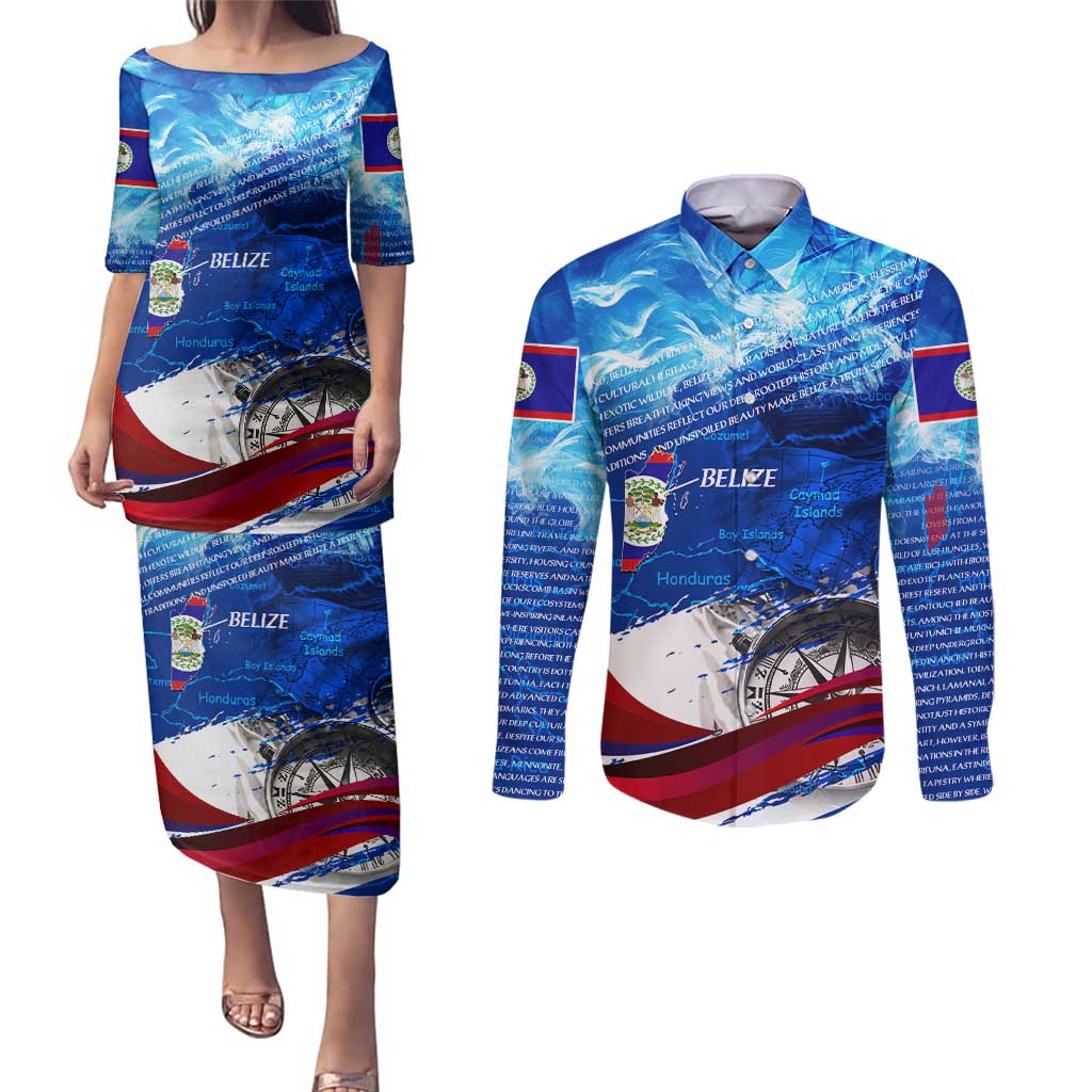 Belize One Flag One Heart Couples Matching Puletasi and Long Sleeve Button Shirt Caribbean Heartbeat - Where Compass Meets Culture