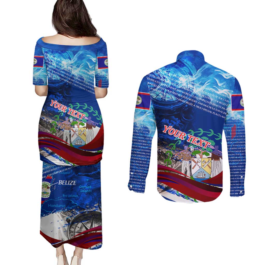 Belize One Flag One Heart Couples Matching Puletasi and Long Sleeve Button Shirt Caribbean Heartbeat - Where Compass Meets Culture