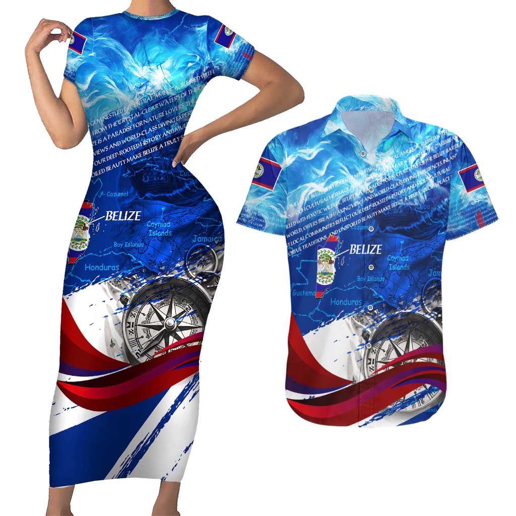 Belize One Flag One Heart Couples Matching Short Sleeve Bodycon Dress and Hawaiian Shirt Caribbean Heartbeat - Where Compass Meets Culture