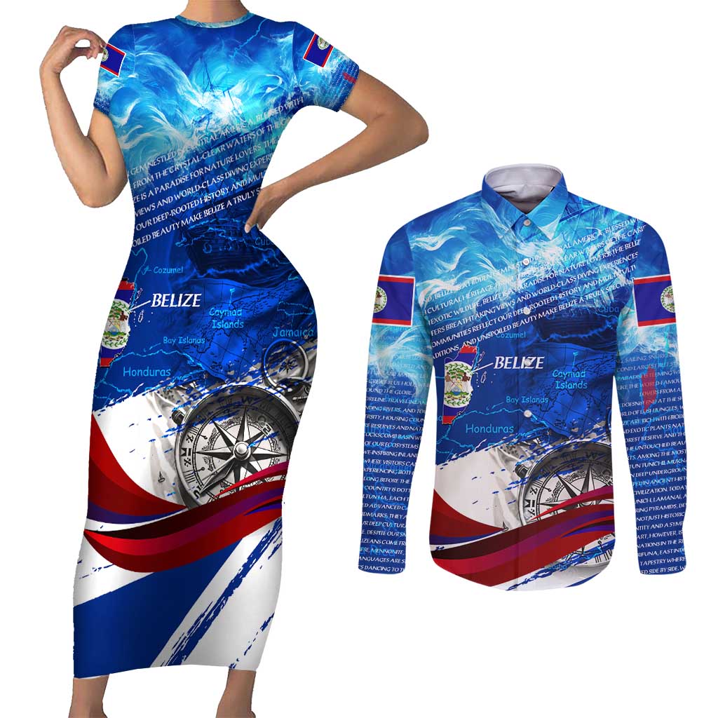 Belize One Flag One Heart Couples Matching Short Sleeve Bodycon Dress and Long Sleeve Button Shirt Caribbean Heartbeat - Where Compass Meets Culture
