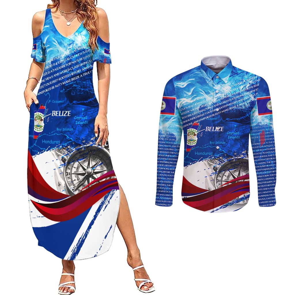 Belize One Flag One Heart Couples Matching Summer Maxi Dress and Long Sleeve Button Shirt Caribbean Heartbeat - Where Compass Meets Culture