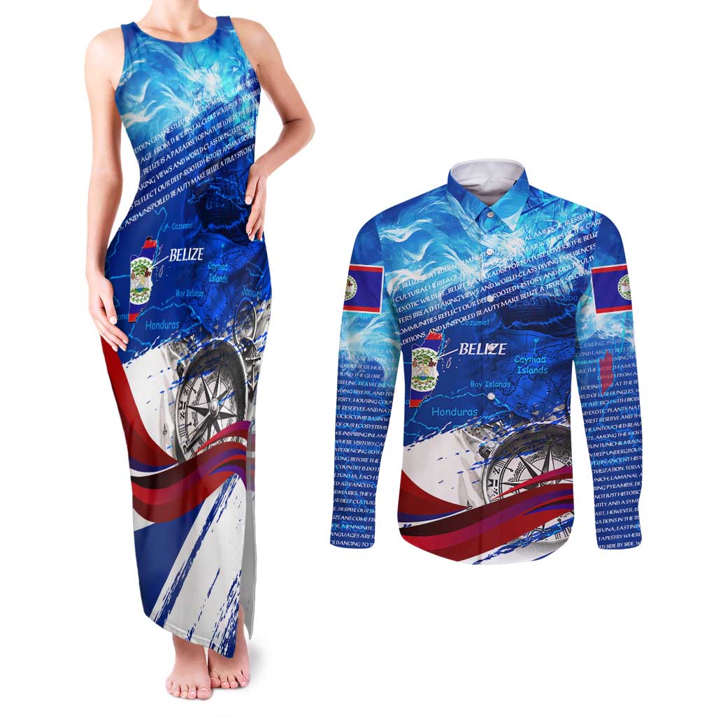 Belize One Flag One Heart Couples Matching Tank Maxi Dress and Long Sleeve Button Shirt Caribbean Heartbeat - Where Compass Meets Culture