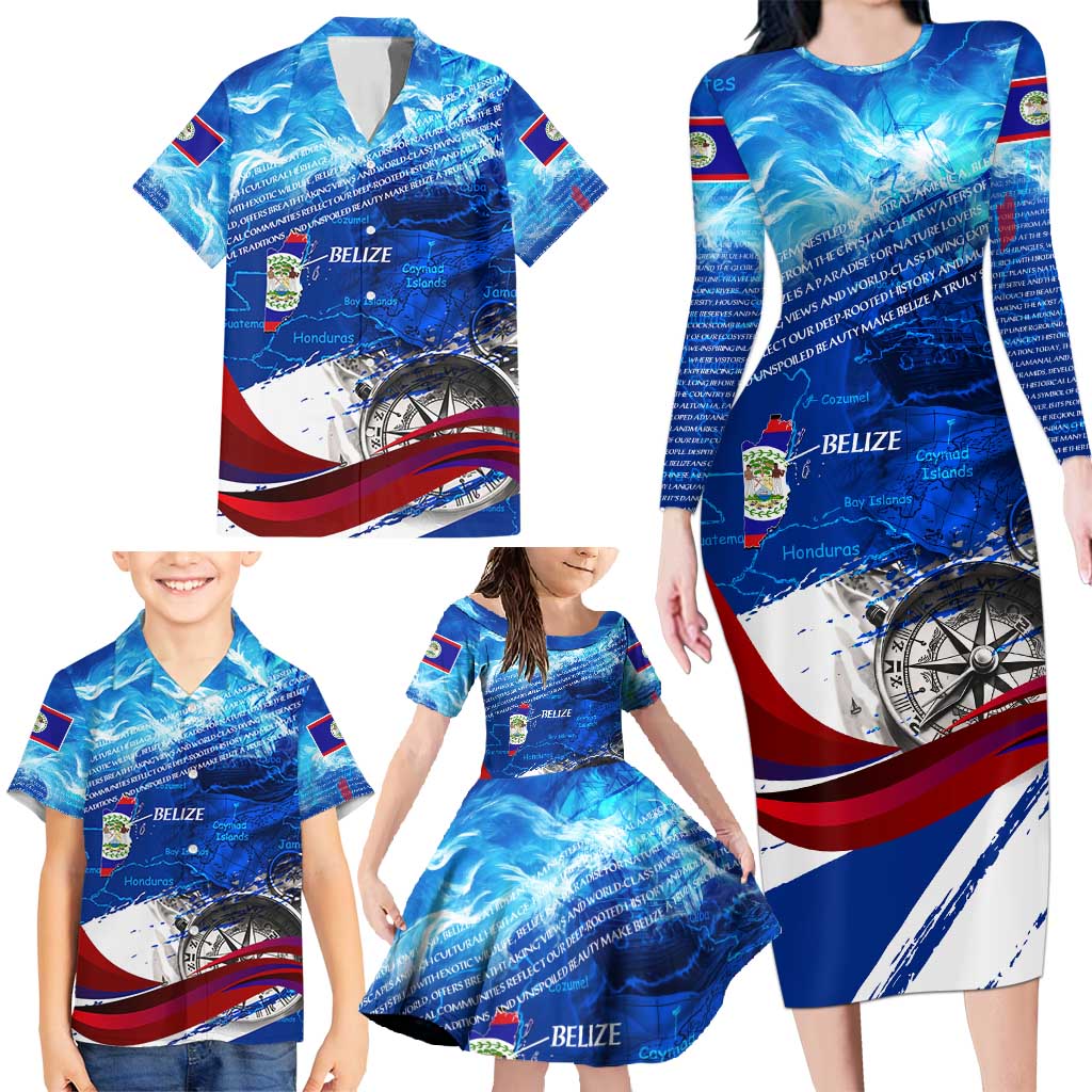Belize One Flag One Heart Family Matching Long Sleeve Bodycon Dress and Hawaiian Shirt Caribbean Heartbeat - Where Compass Meets Culture