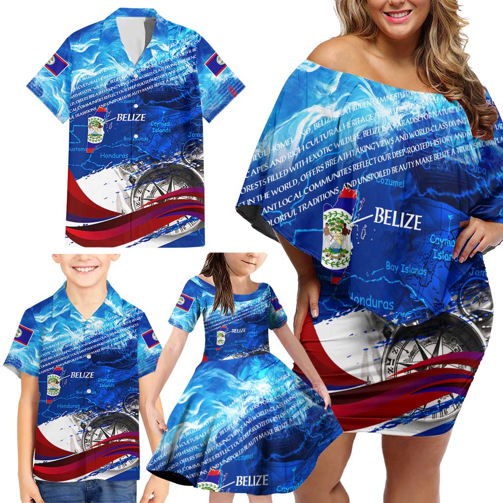 Belize One Flag One Heart Family Matching Off Shoulder Short Dress and Hawaiian Shirt Caribbean Heartbeat - Where Compass Meets Culture