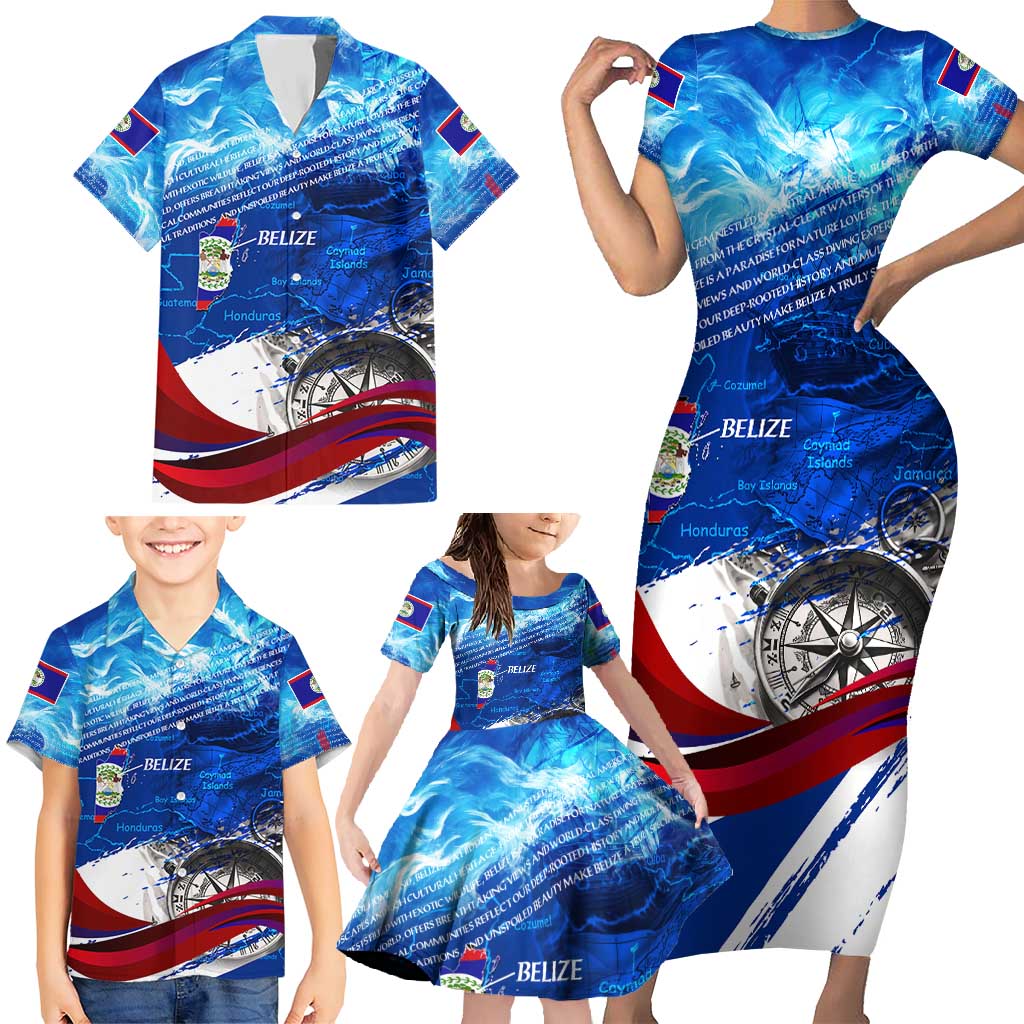 Belize One Flag One Heart Family Matching Short Sleeve Bodycon Dress and Hawaiian Shirt Caribbean Heartbeat - Where Compass Meets Culture
