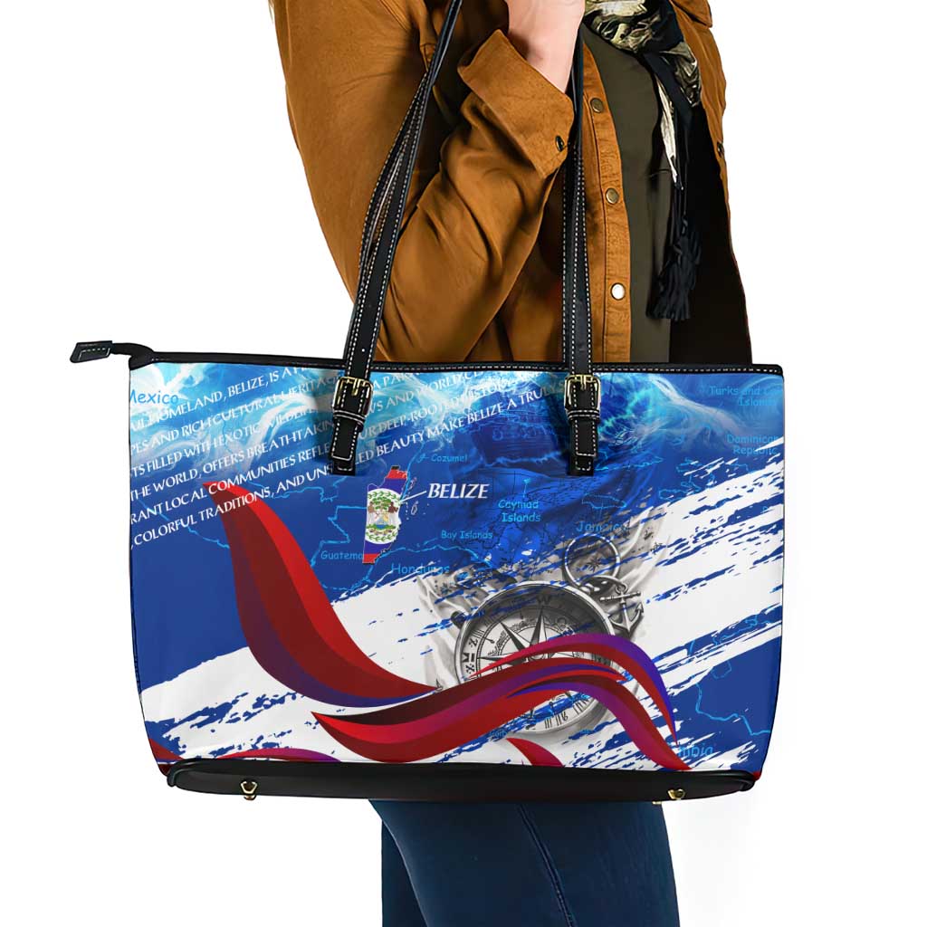 Belize One Flag One Heart Leather Tote Bag Caribbean Heartbeat - Where Compass Meets Culture