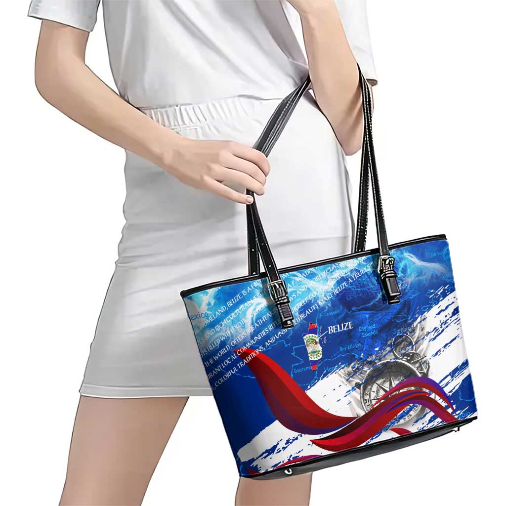 Belize One Flag One Heart Leather Tote Bag Caribbean Heartbeat - Where Compass Meets Culture