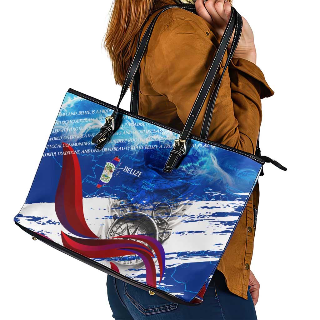 Belize One Flag One Heart Leather Tote Bag Caribbean Heartbeat - Where Compass Meets Culture