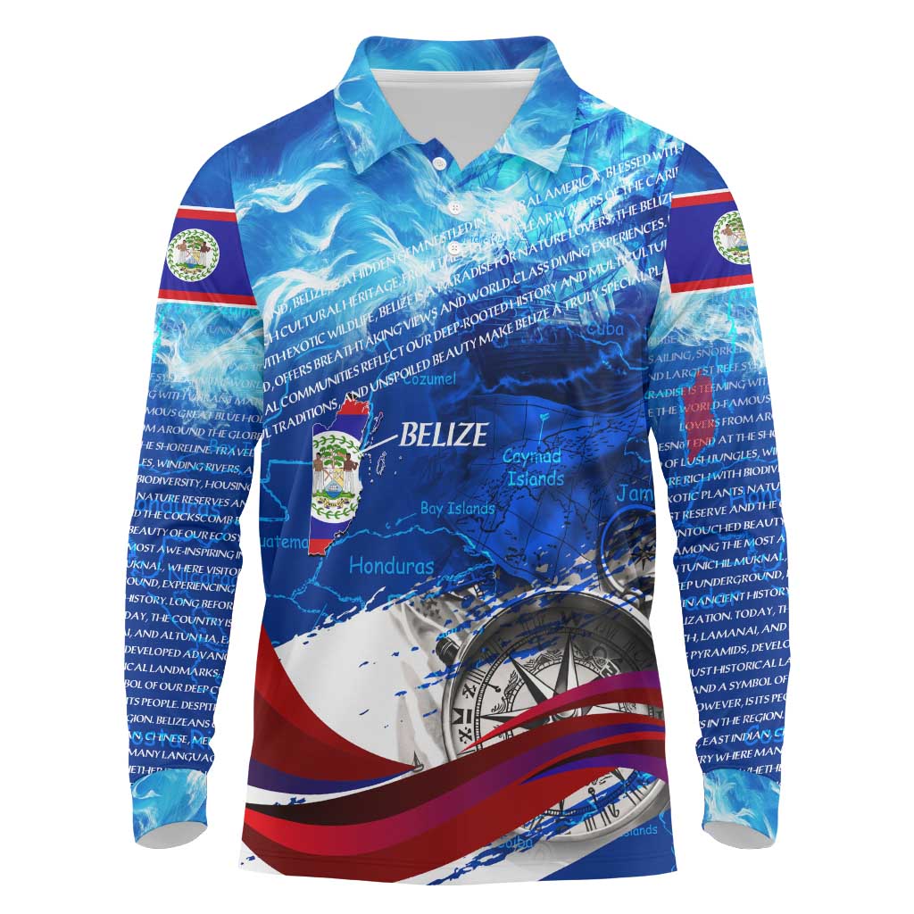 Belize One Flag One Heart Long Sleeve Polo Shirt Caribbean Heartbeat - Where Compass Meets Culture