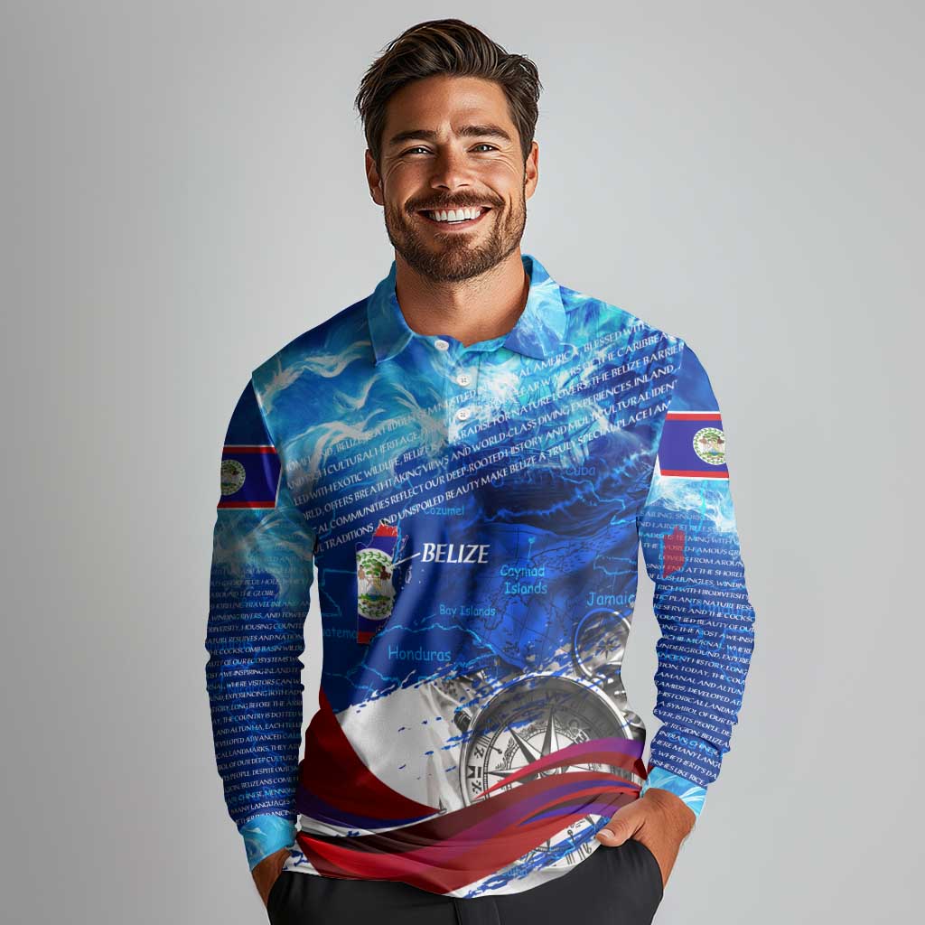Belize One Flag One Heart Long Sleeve Polo Shirt Caribbean Heartbeat - Where Compass Meets Culture