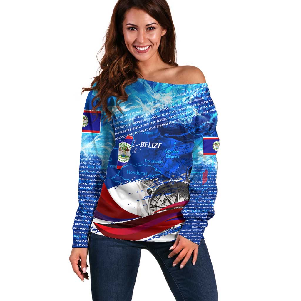 Belize One Flag One Heart Off Shoulder Sweater Caribbean Heartbeat - Where Compass Meets Culture