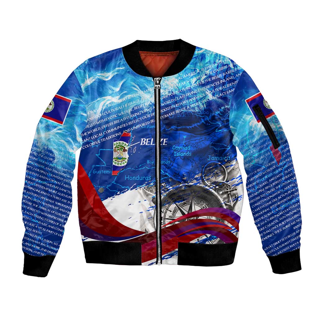 Belize One Flag One Heart Sleeve Zip Bomber Jacket Caribbean Heartbeat - Where Compass Meets Culture