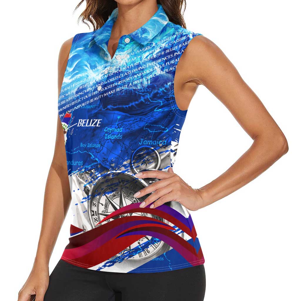 Belize One Flag One Heart Women Sleeveless Polo Shirt Caribbean Heartbeat - Where Compass Meets Culture