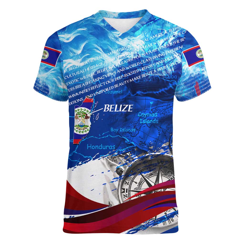 Belize One Flag One Heart Women V-Neck T-Shirt Caribbean Heartbeat - Where Compass Meets Culture