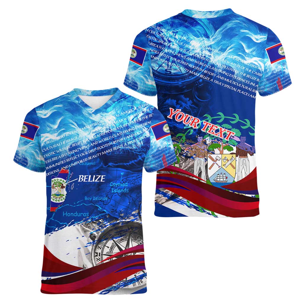Belize One Flag One Heart Women V-Neck T-Shirt Caribbean Heartbeat - Where Compass Meets Culture