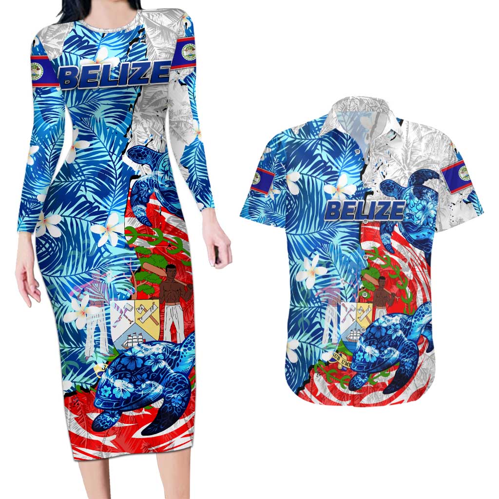 Sea Turtle Belize Couples Matching Long Sleeve Bodycon Dress and Hawaiian Shirt Ocean Soul Tropical Spirit
