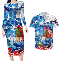 Sea Turtle Belize Couples Matching Long Sleeve Bodycon Dress and Hawaiian Shirt Ocean Soul Tropical Spirit