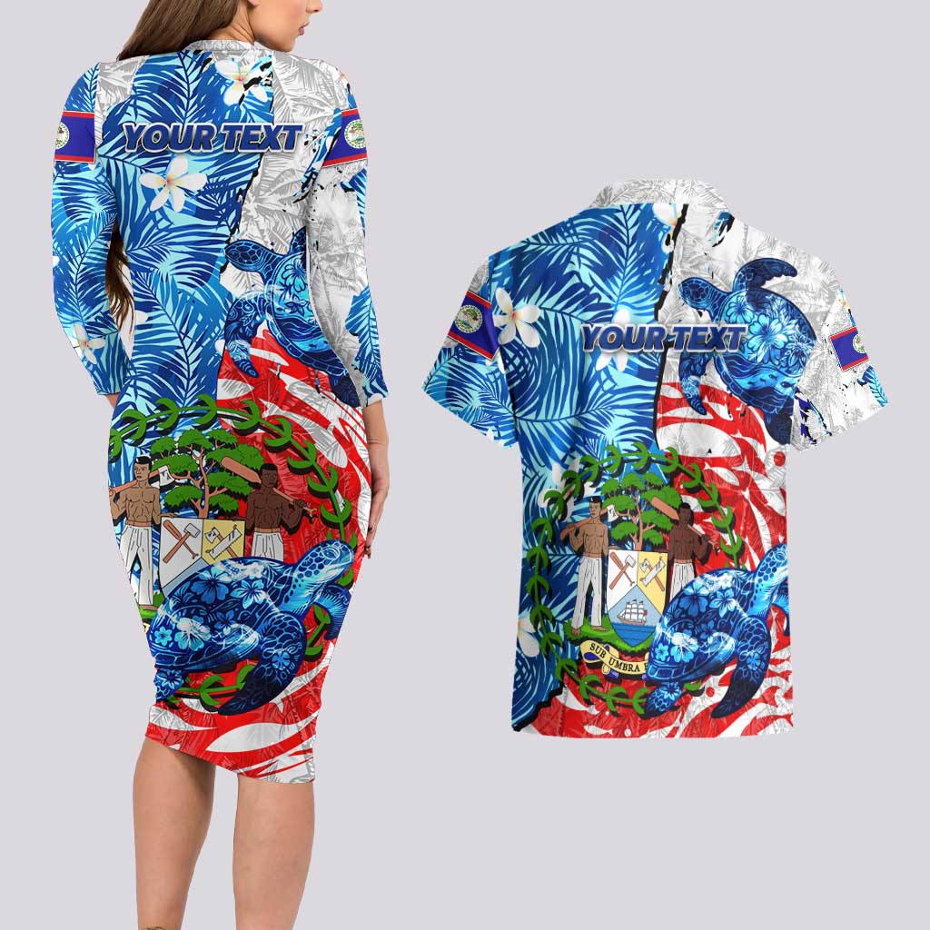 Sea Turtle Belize Couples Matching Long Sleeve Bodycon Dress and Hawaiian Shirt Ocean Soul Tropical Spirit