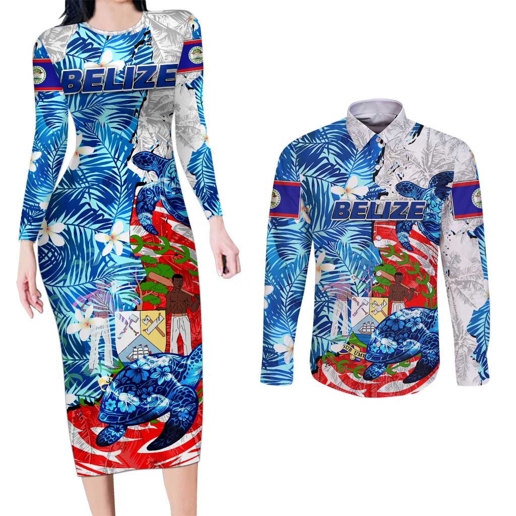 Sea Turtle Belize Couples Matching Long Sleeve Bodycon Dress and Long Sleeve Button Shirt Ocean Soul Tropical Spirit