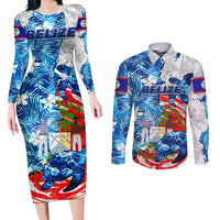 Sea Turtle Belize Couples Matching Long Sleeve Bodycon Dress and Long Sleeve Button Shirt Ocean Soul Tropical Spirit