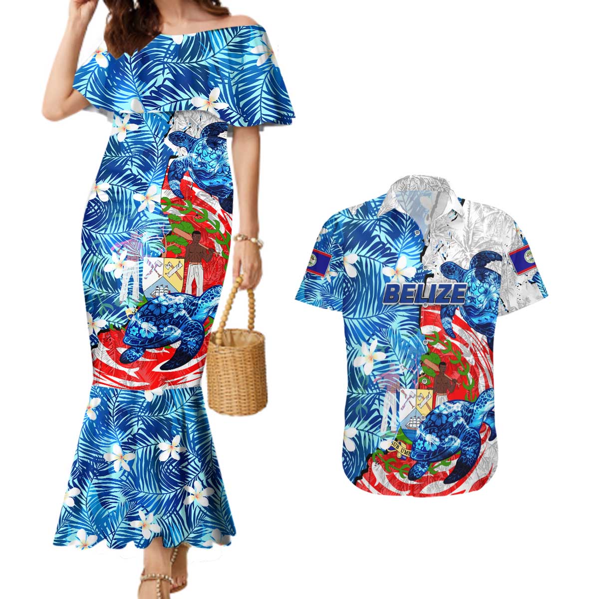 Sea Turtle Belize Couples Matching Mermaid Dress and Hawaiian Shirt Ocean Soul Tropical Spirit