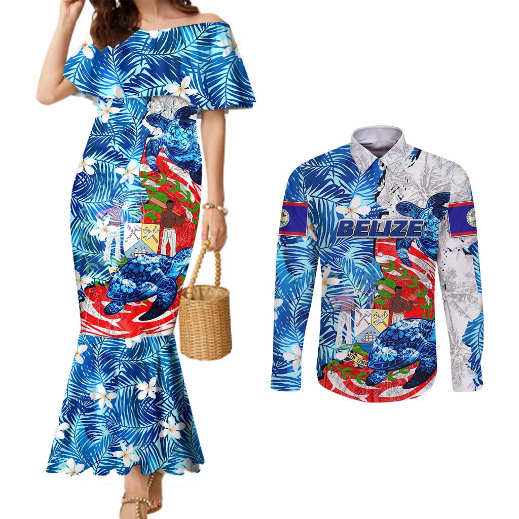 Sea Turtle Belize Couples Matching Mermaid Dress and Long Sleeve Button Shirt Ocean Soul Tropical Spirit