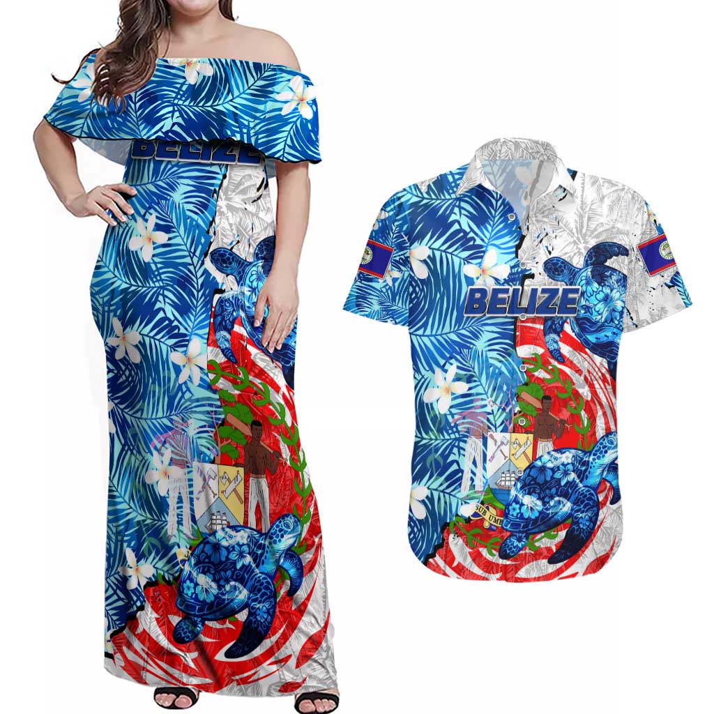 Sea Turtle Belize Couples Matching Off Shoulder Maxi Dress and Hawaiian Shirt Ocean Soul Tropical Spirit
