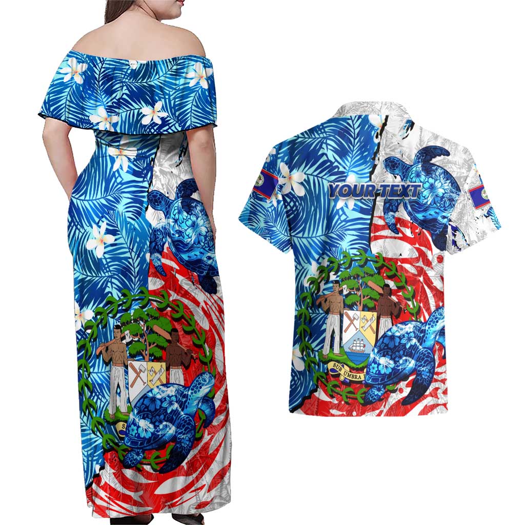 Sea Turtle Belize Couples Matching Off Shoulder Maxi Dress and Hawaiian Shirt Ocean Soul Tropical Spirit