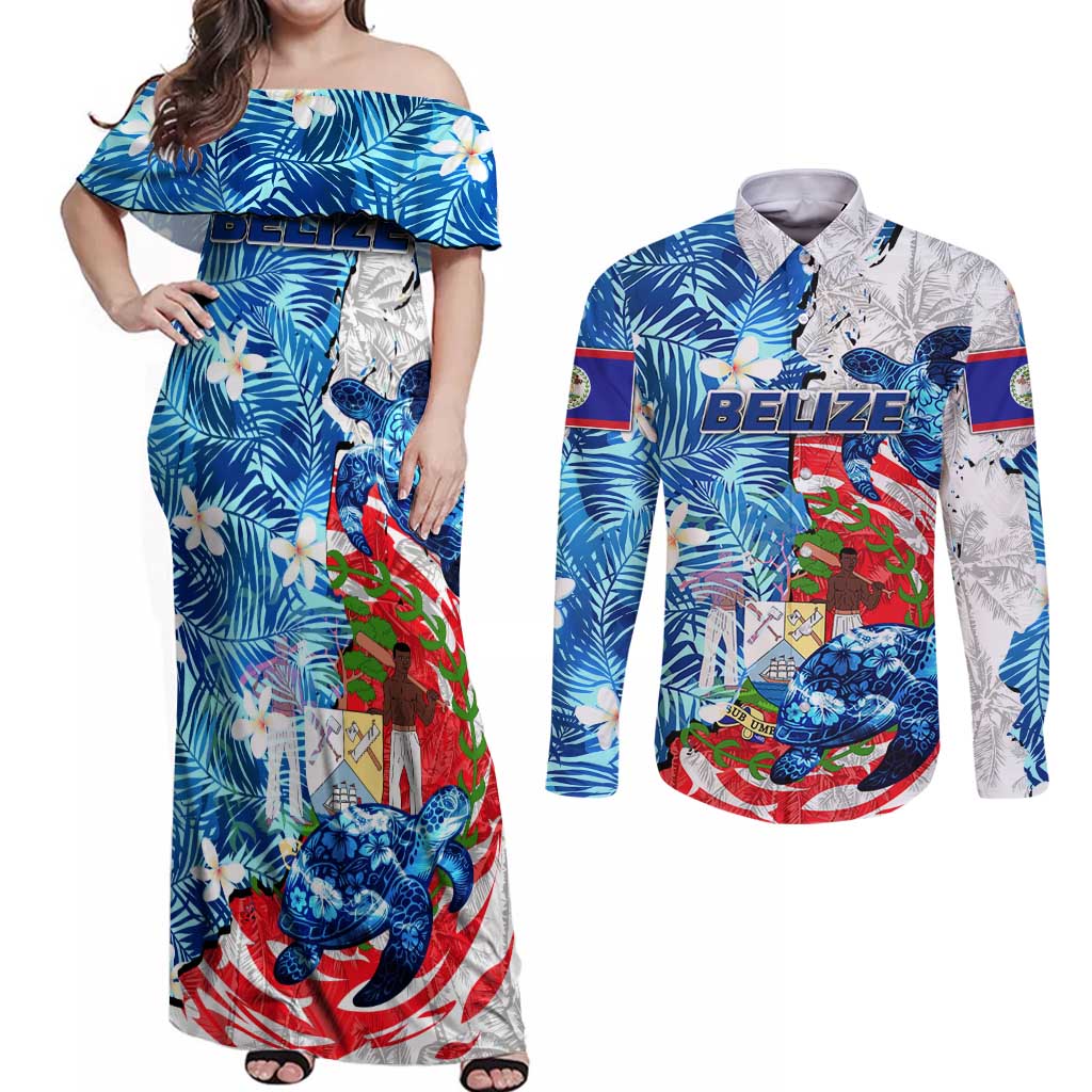 Sea Turtle Belize Couples Matching Off Shoulder Maxi Dress and Long Sleeve Button Shirt Ocean Soul Tropical Spirit