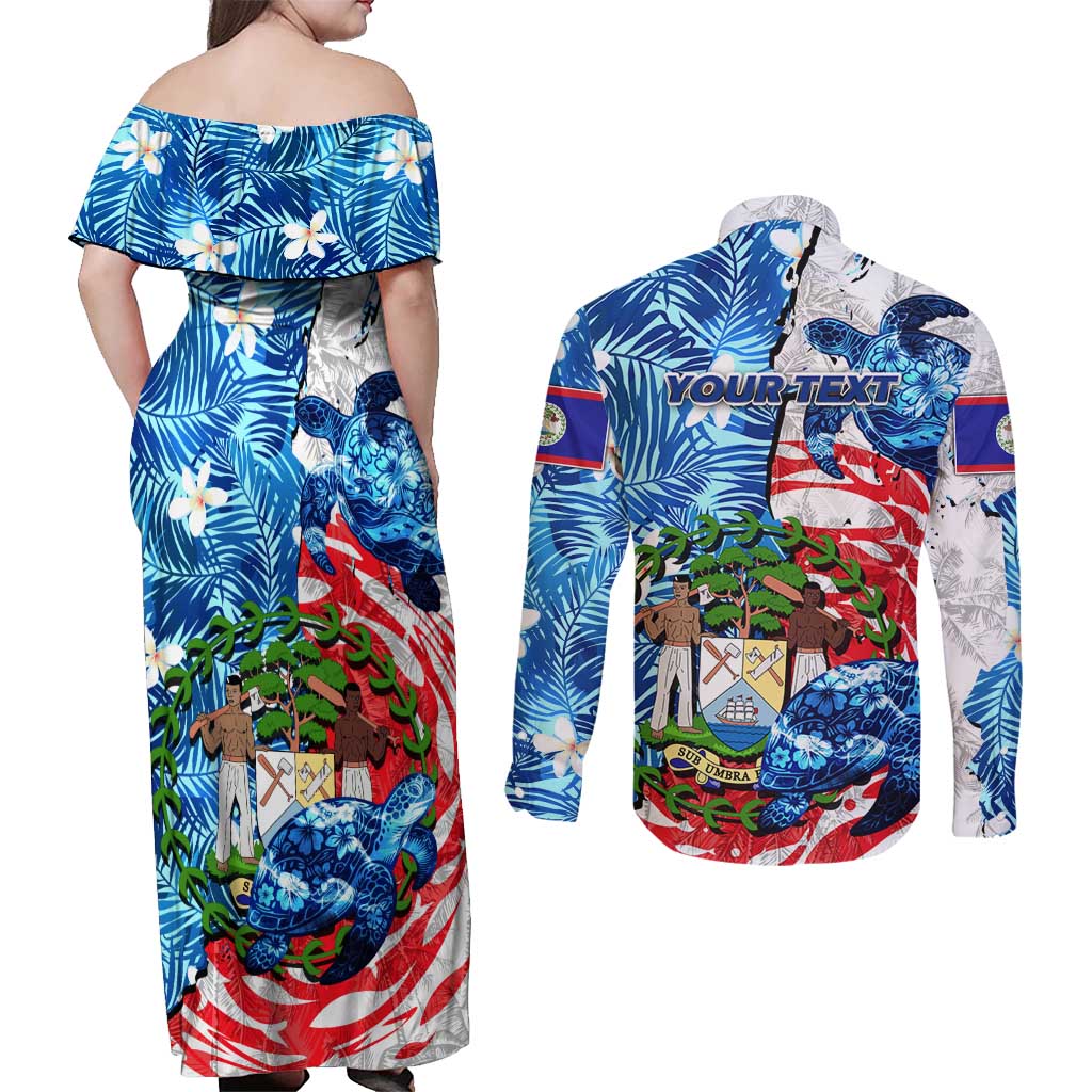 Sea Turtle Belize Couples Matching Off Shoulder Maxi Dress and Long Sleeve Button Shirt Ocean Soul Tropical Spirit