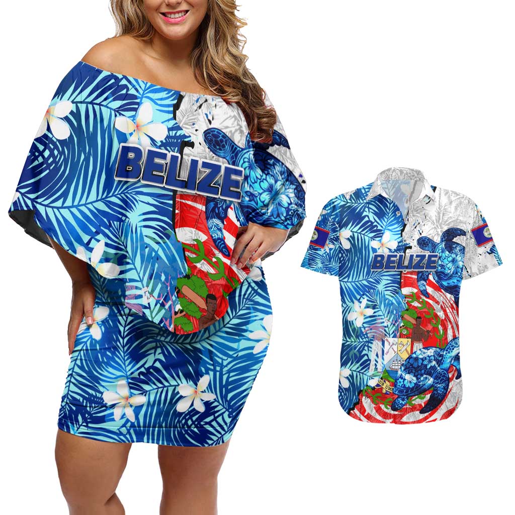 Sea Turtle Belize Couples Matching Off Shoulder Short Dress and Hawaiian Shirt Ocean Soul Tropical Spirit