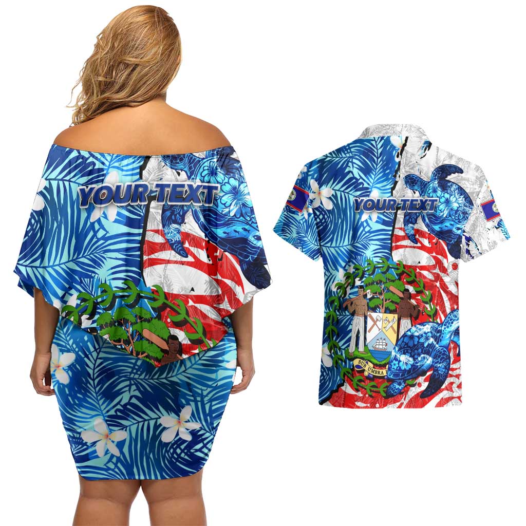 Sea Turtle Belize Couples Matching Off Shoulder Short Dress and Hawaiian Shirt Ocean Soul Tropical Spirit