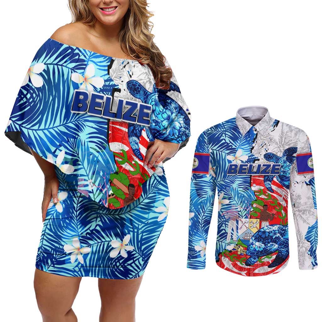 Sea Turtle Belize Couples Matching Off Shoulder Short Dress and Long Sleeve Button Shirt Ocean Soul Tropical Spirit