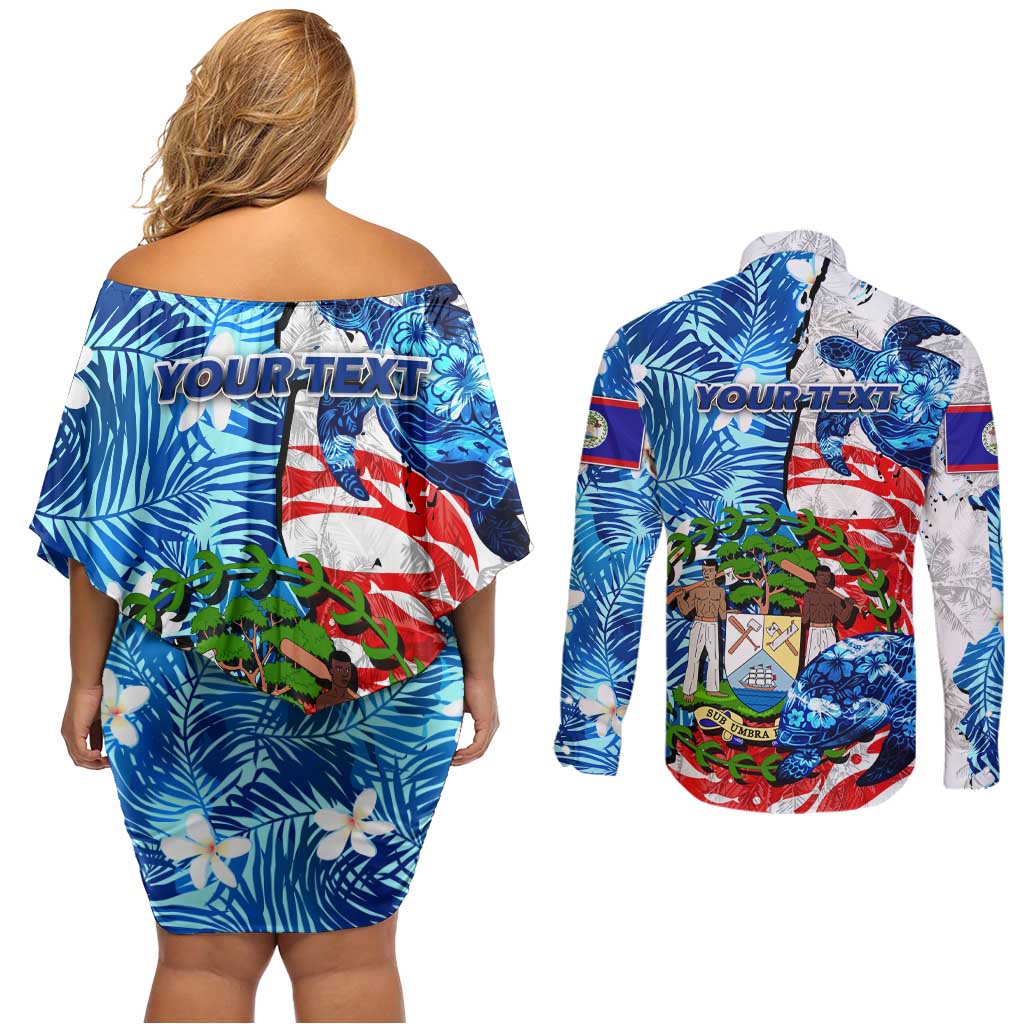 Sea Turtle Belize Couples Matching Off Shoulder Short Dress and Long Sleeve Button Shirt Ocean Soul Tropical Spirit