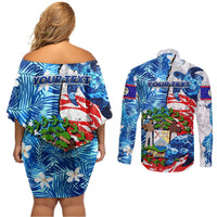 Sea Turtle Belize Couples Matching Off Shoulder Short Dress and Long Sleeve Button Shirt Ocean Soul Tropical Spirit