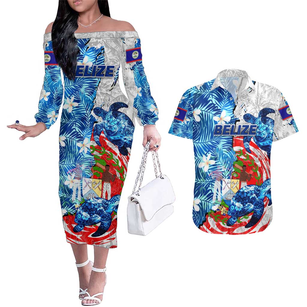 Sea Turtle Belize Couples Matching Off The Shoulder Long Sleeve Dress and Hawaiian Shirt Ocean Soul Tropical Spirit
