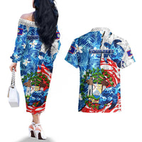 Sea Turtle Belize Couples Matching Off The Shoulder Long Sleeve Dress and Hawaiian Shirt Ocean Soul Tropical Spirit