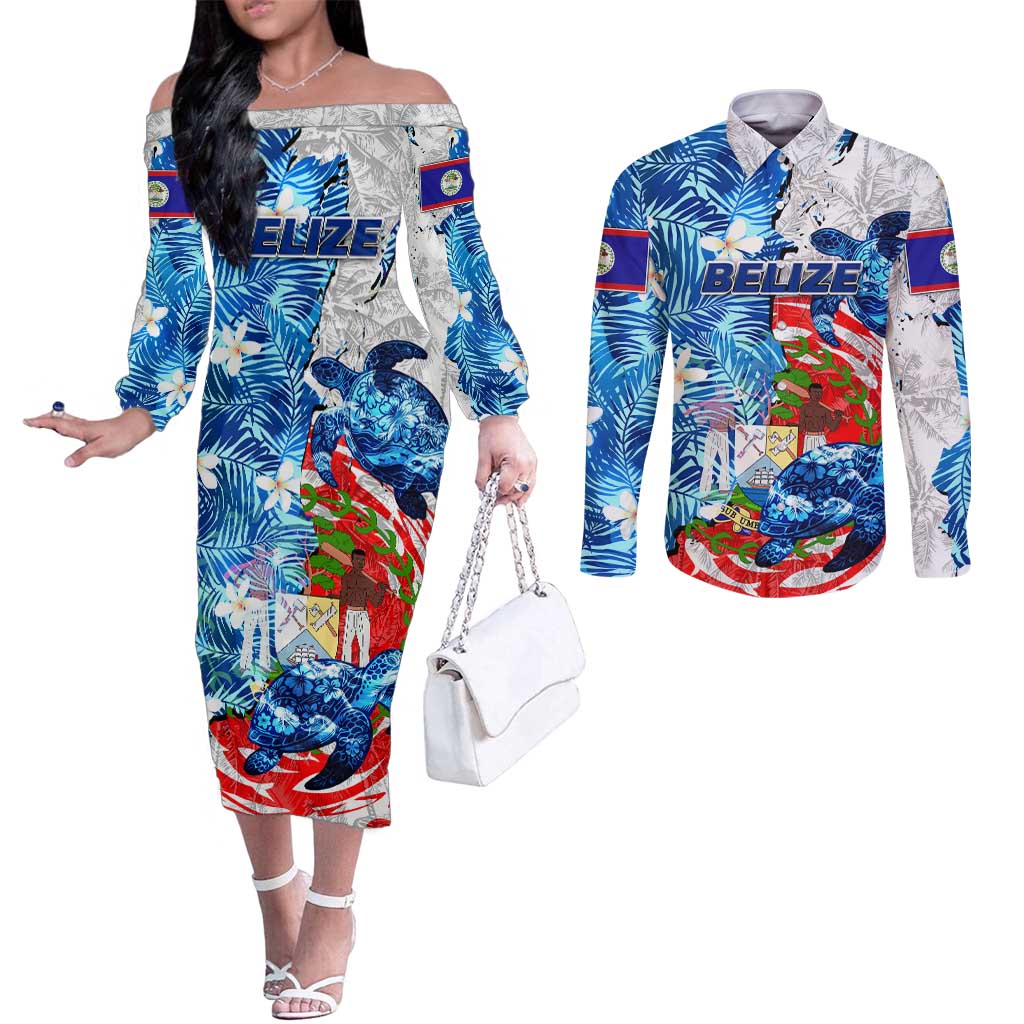 Sea Turtle Belize Couples Matching Off The Shoulder Long Sleeve Dress and Long Sleeve Button Shirt Ocean Soul Tropical Spirit