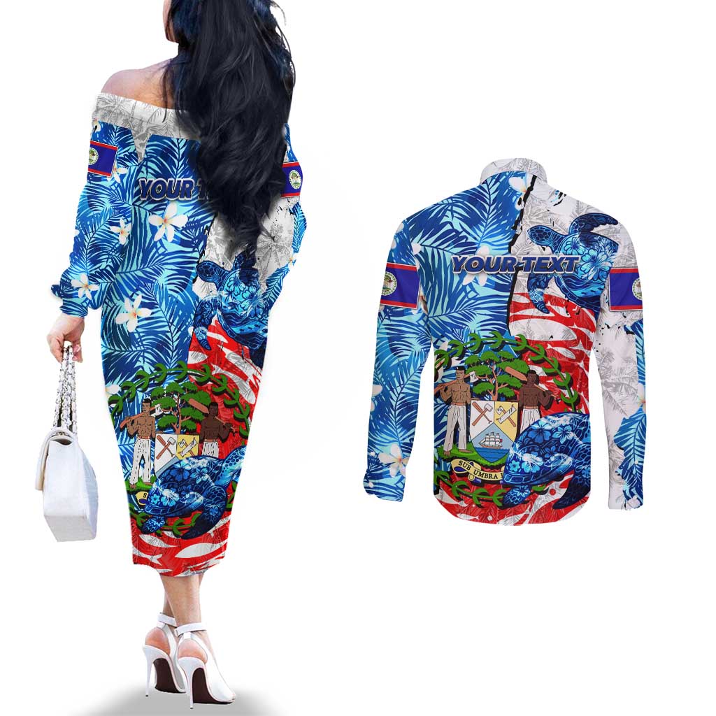 Sea Turtle Belize Couples Matching Off The Shoulder Long Sleeve Dress and Long Sleeve Button Shirt Ocean Soul Tropical Spirit