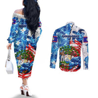 Sea Turtle Belize Couples Matching Off The Shoulder Long Sleeve Dress and Long Sleeve Button Shirt Ocean Soul Tropical Spirit