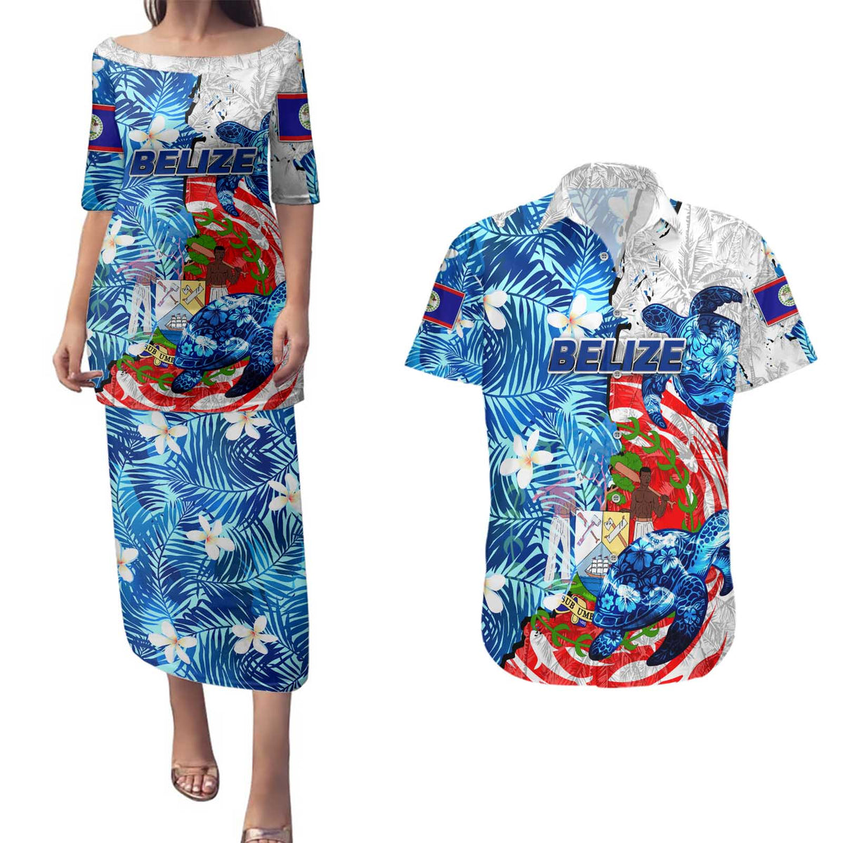 Sea Turtle Belize Couples Matching Puletasi and Hawaiian Shirt Ocean Soul Tropical Spirit